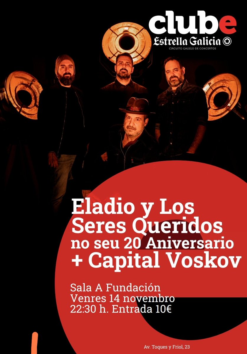 Outra gran noite de música galega en directo! Hoxe imos ata #Melide 
En A Fundación, <a href="/Eladioylosseres/">Eladio y los Seres Queridos</a> e <a href="/capitalvoskov/">Capital Voskov</a> por 10€!! Grazas a <a href="/estrellagalicia/">Estrella Galicia</a> e a <a href="/ClubturaGalicia/">Clubtura</a> Non o perdas! <a href="/gal_concierto/">GALICIAenCONCIERTO</a> 
<a href="/galiciantunes/">Galician Tunes</a>