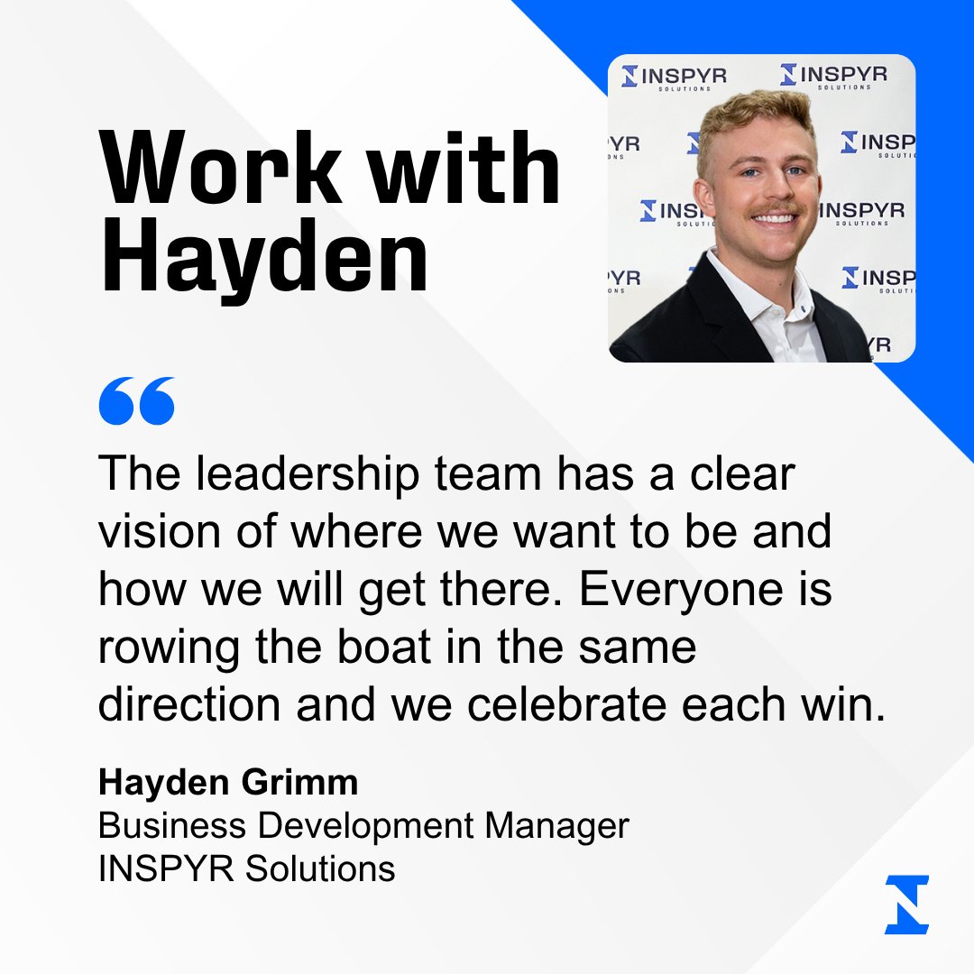 INSPYRSolution's tweet image. We asked Hayden what makes INSPYR Solutions different from other companies. Here’s what he had to say.

We’re always looking for talented people to join our team. Check out our current openings and apply today: inspyrsolutions.com/careers/ #INSPYRcareers #INSPYRculture