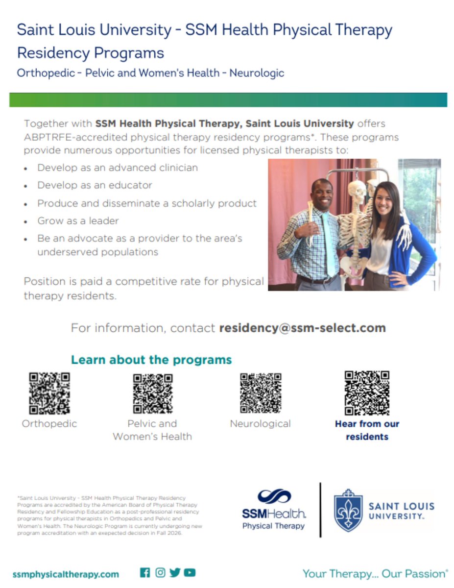 Calling all passionate physical therapists! Saint Louis University–SSM Health Physical Therapy Residency Programs are officially accepting applications. Join a community committed to mentorship, growth, and excellence in patient care. Apply today! 💙 
#SLUPT #PTResidency