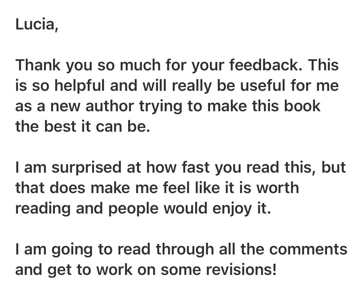 ⭐️ More recent reviews from Path2pub’s editorial services!

If you want to hone your query letter and/or manuscript with detailed critiques, we’ll love to work with you too!

Send an email to book a slot :)

path2pub.wordpress.com/path2pub-edito…

#WritingCommunity #querying