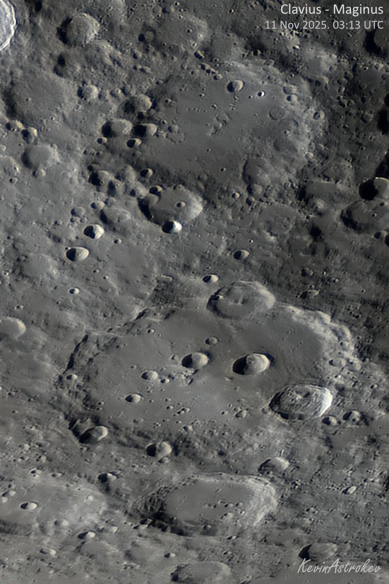 Clavius crater in the Moon's Southern highlands. I love this crater as its so distinctive, and the many craters within it, with a wide range of sizes, makes it a great test of imaging and scope resolution.
The smallest features visible in this image are around 1 mile across