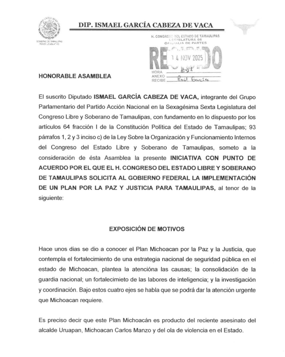IGCabezadeVaca's tweet image. Por la violencia, los cobros de piso, los desaparecidos y el miedo que vivimos todos los días en Tamaulipas, presenté un plan real de paz y justicia. Un plan hecho para proteger a la gente, no para llenar discursos vacíos.

Y lo digo claro: al Administrador Huachicolero…