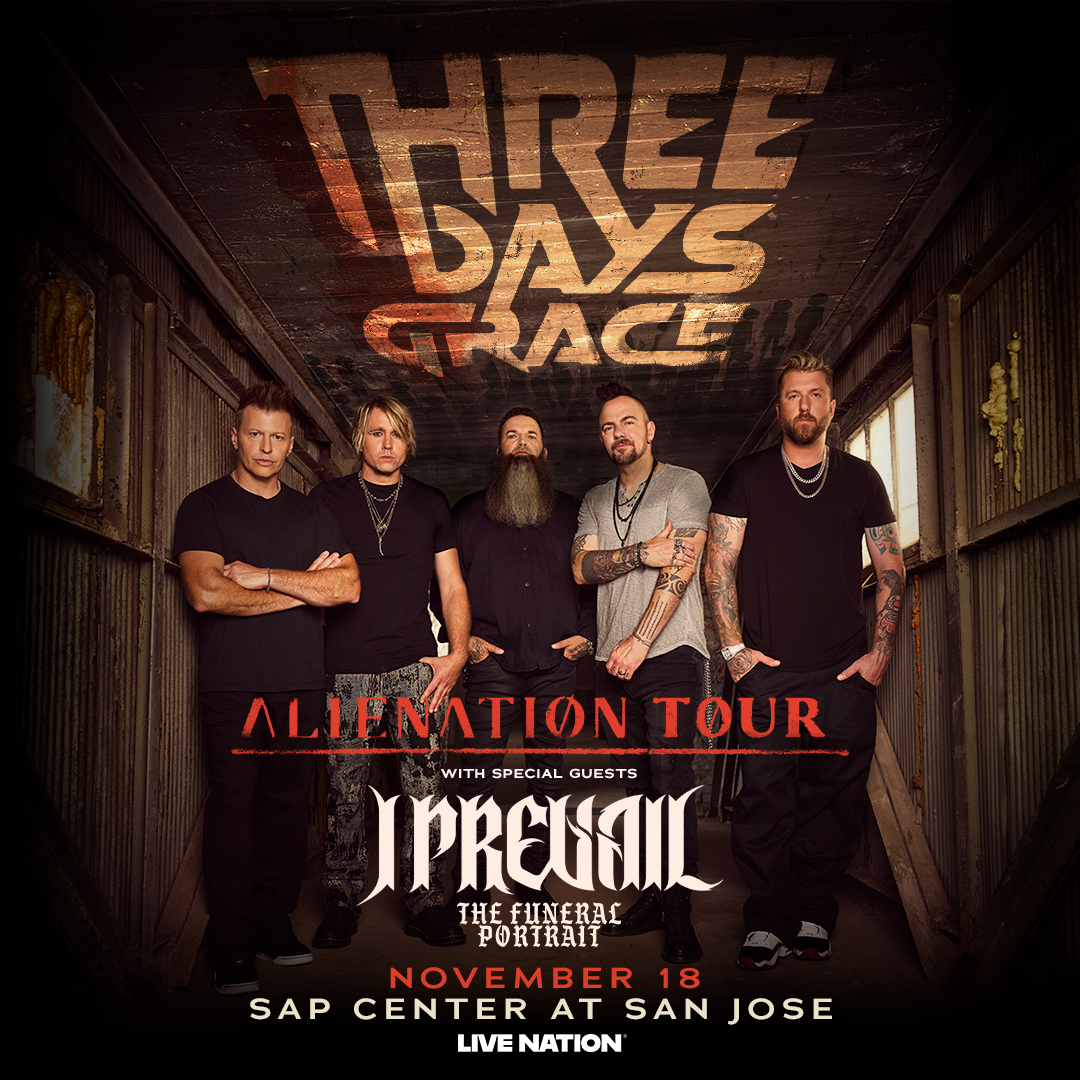 IT’S TIME! 🔥 Tickets on sale NOW for Three Days Grace’s Λ𝖫𝖨𝖤𝖭Λ𝖳𝖨Ø𝖭 𝖳ØUR at SAP Center on November, 18, 2026! With special guests I Prevail and The Funeral Portrait. 

Grab yours today and see you out there! 🤘
🎟️: teal.sjsharks.com/trk/lgqfc