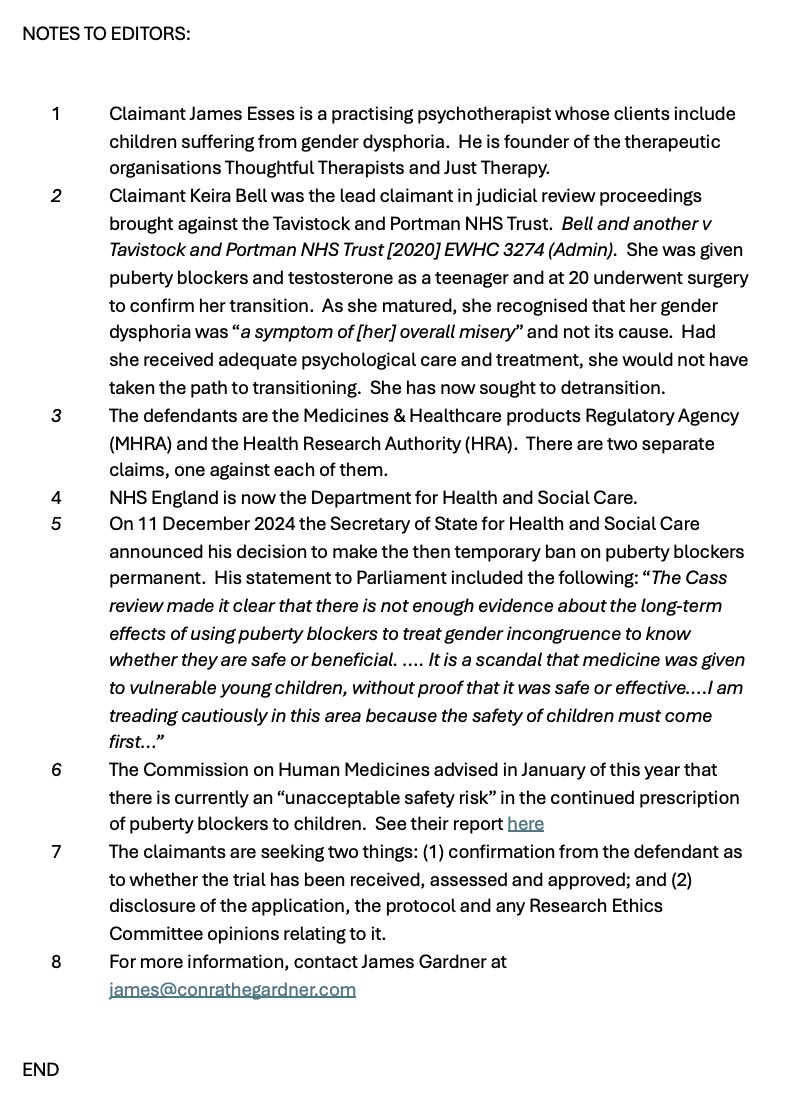 JamesEsses's tweet image. 🚨Breaking🚨

Puberty Blockers Trial Legal Challenge.

After a conspiracy of silence from the regulatory bodies overseeing the puberty blockers trial, Keira Bell and I have sent pre-action letters threatening legal action unless they disclose crucial information.

Press release⬇️