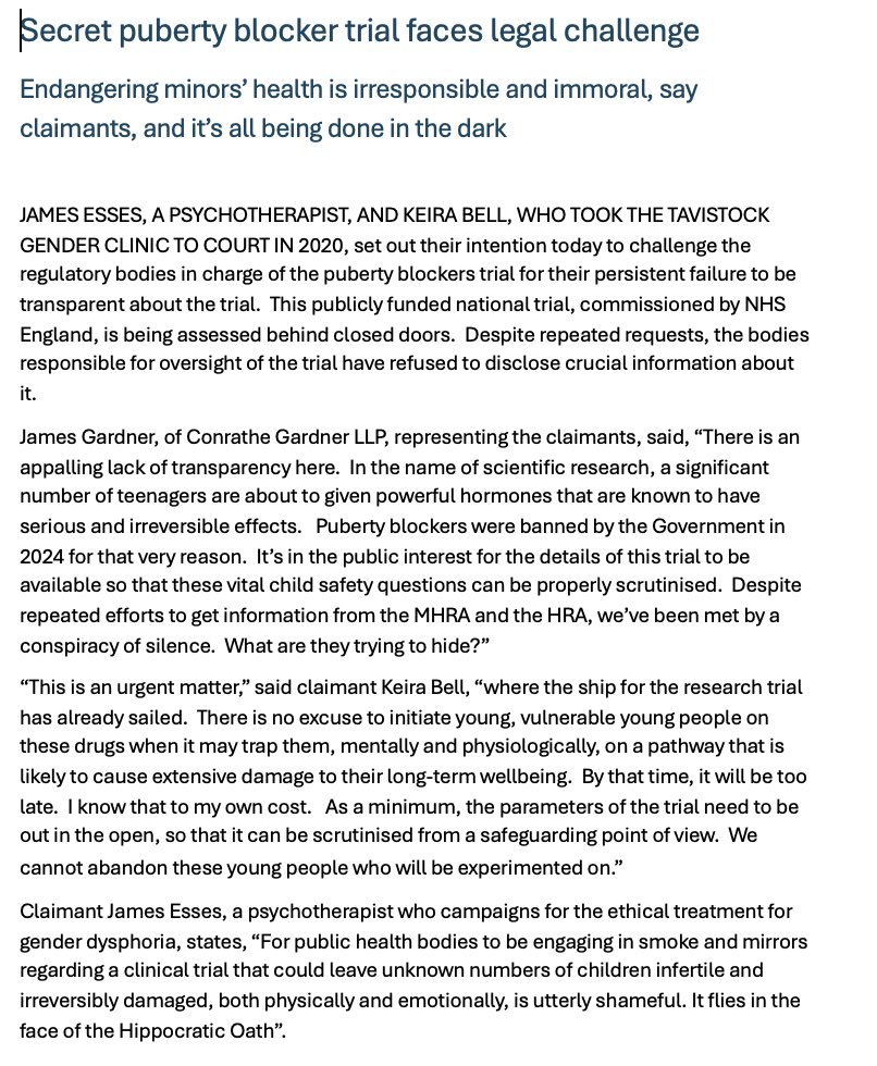 JamesEsses's tweet image. 🚨Breaking🚨

Puberty Blockers Trial Legal Challenge.

After a conspiracy of silence from the regulatory bodies overseeing the puberty blockers trial, Keira Bell and I have sent pre-action letters threatening legal action unless they disclose crucial information.

Press release⬇️
