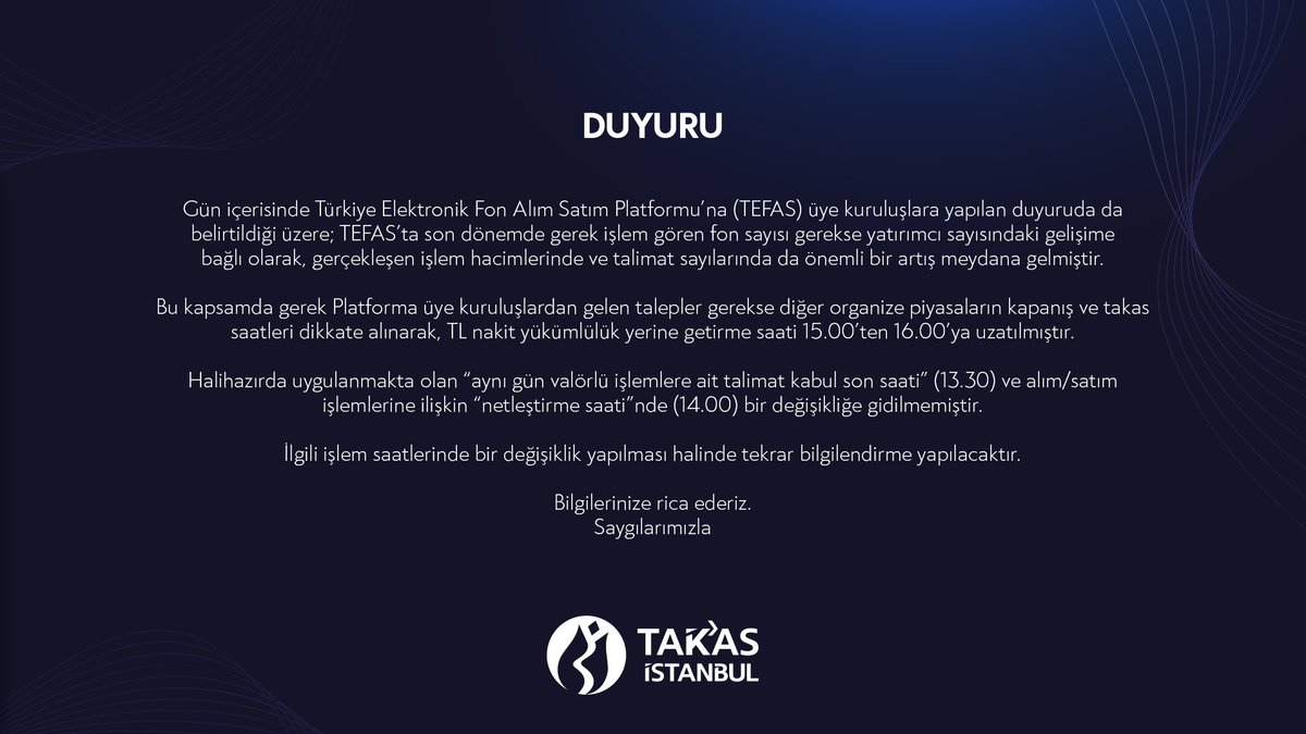 Türkiye Elektronik Fon Alım Satım Platformu (TEFAS) Duyurusu