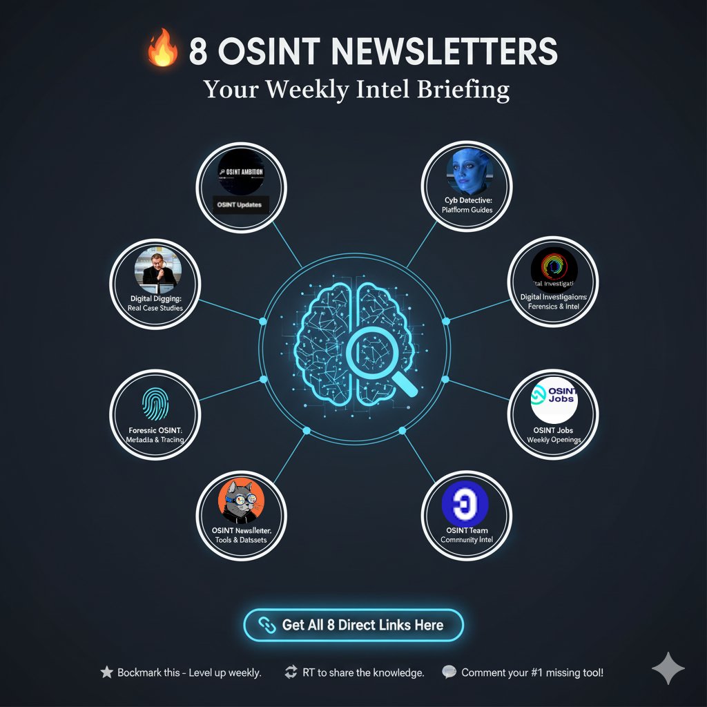 aayushanand001's tweet image. 🧠 The top of #OSINT Newsletters

Stop searching. I curated the 8 essential newsletters that bring elite tools, tactics, and jobs directly to your inbox. Stay sharp in 5 minutes a week.

1️⃣ OSINT Updates: Elite tactics &amp;amp; strategic workflows.
2️⃣ Cyb Detective: Actionable deep…