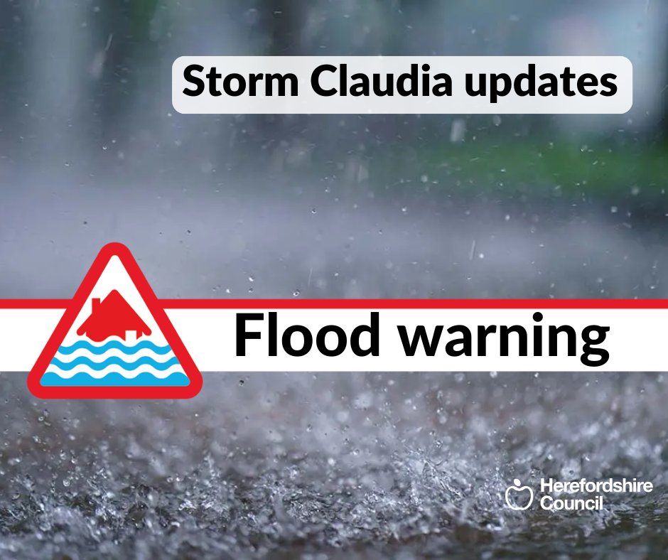 🌧️ Storm Claudia
There are currently flood warnings in place for:
⚠️ River Arrow at Eardisland, Kington and Pembridge
⚠️ River Teme at Leintwardine and Walford
⚠️  Dulas Brook at Ewyas Harold
As well as flood alerts for the River Wye, River Frome, River Lugg and River Leadon

ℹ️