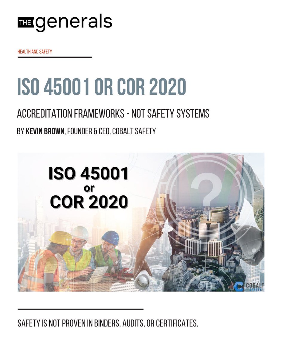 ISO 45001 or COR 2020?
In the Fall issue of The Generals, Kevin Brown, Founder &amp; CEO of Cobalt Safety, explains why these are accreditation frameworks, not safety systems.
👉 Read the feature and the full issue: lnkd.in/ec-PthTE