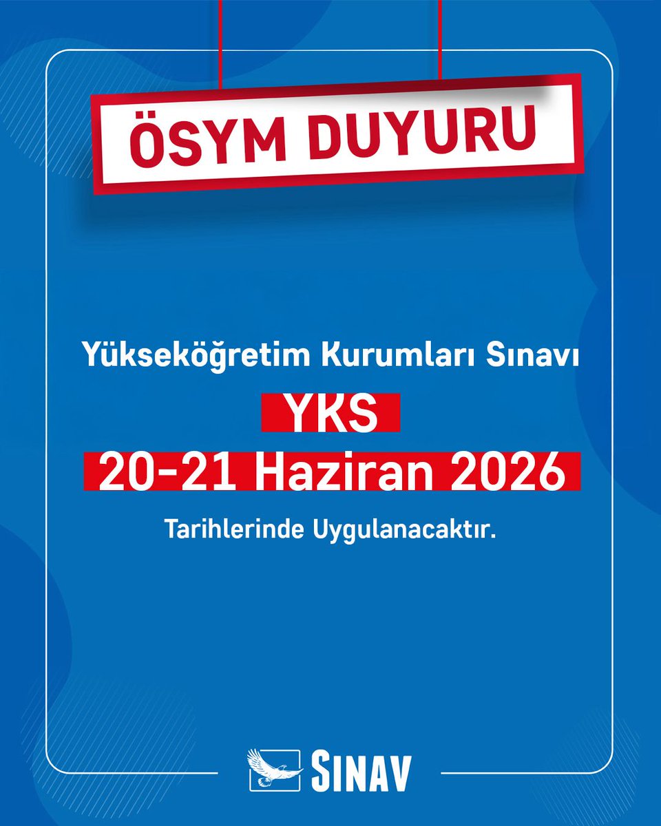 📢 ÖSYM Duyurusu

2026 ÖSYM Yükseköğretim Kurumları Sınavı (YKS), 20-21 Haziran 2026 tarihlerinde uygulanacaktır.

#ÖSYM #YKS2026 #sınaveğitimkurumları
