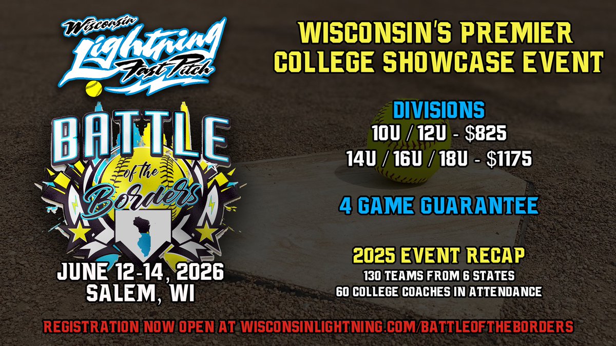 The 2026 Battle of the Borders application is now open.  

Come be a part of one of the best events in the Midwest.  June 14-16

130 teams
60-75 college coaches have attended each year for the past 4 years.  

For more info and to apply 

wisconsinlightning.com/battleofthebor…
