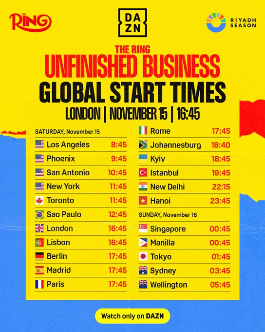 Graphic with DAZN and Ring Magazine logos at top, yellow background with black text announcing Unfinished Business Eubank vs Benn 2 boxing event, table listing Saturday November 15 start times for cities including London at 16:45 with UK flag, Los Angeles at 8:45 with US flag, Johannesburg at 17:40 with South Africa flag, and Sunday November 16 times for Singapore at 00:45 with Singapore flag, Manila at 00:45 with Philippines flag, Tokyo at 01:45 with Japan flag, Sydney at 03:45 with Australia flag, blue bottom section with Watch only on DAZN text.