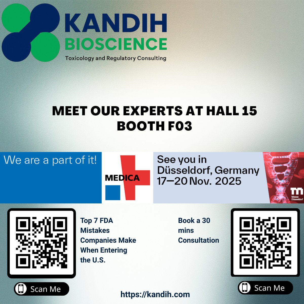 KandihBio's tweet photo. ⏳ 4 days to go!
Kandih Bioscience is heading to #MEDICA2025.
Biotech &amp; medtech—if you’re entering the U.S. market, let’s talk FDA strategy, biocompatibility, toxicology, and smoother 510(k)/IND pathways.
See you in Düsseldorf, Nov 17–20.
🔗 https://t.co/KCJJ6FNvBA
#FDA #Biotech https://t.co/HlWh9p4cCx
