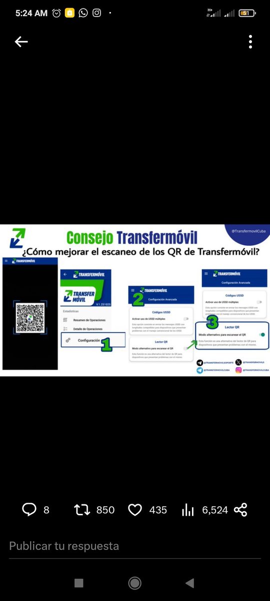 Si usted presenta problemas para escanear los QR que utiliza <a href="/TransfermovilS/">Transfermóvil Cuba</a>, 
!Actualice ahora mismo¡ y active el Modo Alternativo para escanear el QR.
😉La solución puede estar, a segundos de distancia.
👇🏻