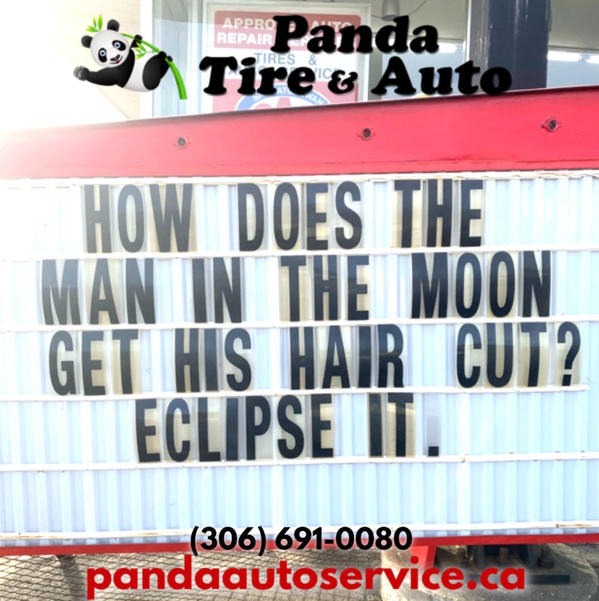 The first restaurant on the moon had great food, but no atmosphere.
Have a great weekend Moose Jaw!
306-691-0080
Book online:
pandaautoservice.ca
#pandatire #moosejaw #hometownservice #moon #eclipse