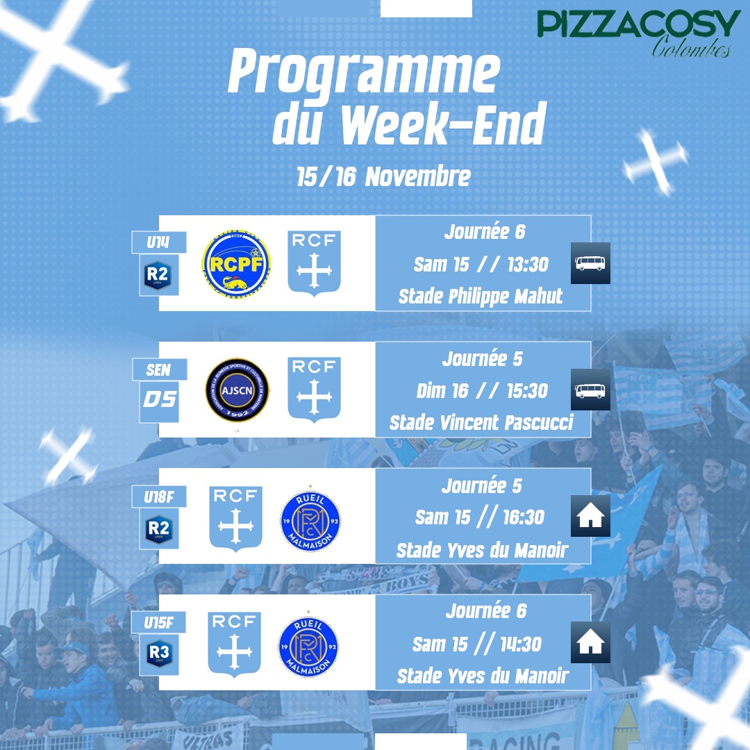 racing_cff's tweet image. Le #ProgrammeDuWeekEnd des équipes #N3 #U19NAT #U17NAT et des autres sections du Racing Club de France Football by @pizzacosyfrance de Colombes🔵⚪️

#AllezRacing #RCF