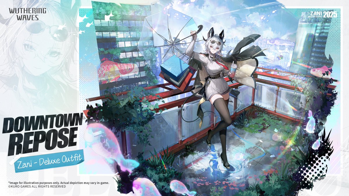 Wuthering_Waves's tweet image. &quot;She leans casually against the railing, her sweater soft against the light, appearing equally elegant as she is relaxed. Changing up the style every now and then isn&apos;t so bad.
Turning slightly, Zani looks down at the city stretching beneath her. The afternoon sunlight spills…