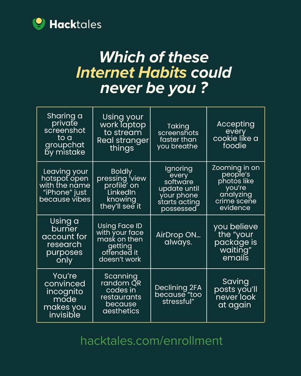 Hacktales_'s tweet image. We’re in 2025 and people are STILL doing cyber-crimes to themselves.

If you catch yourself doing ANY of these… yeah, we need to talk. 

#cybersecuritytips #techcomedy #onlineprivacy #cybersecurity