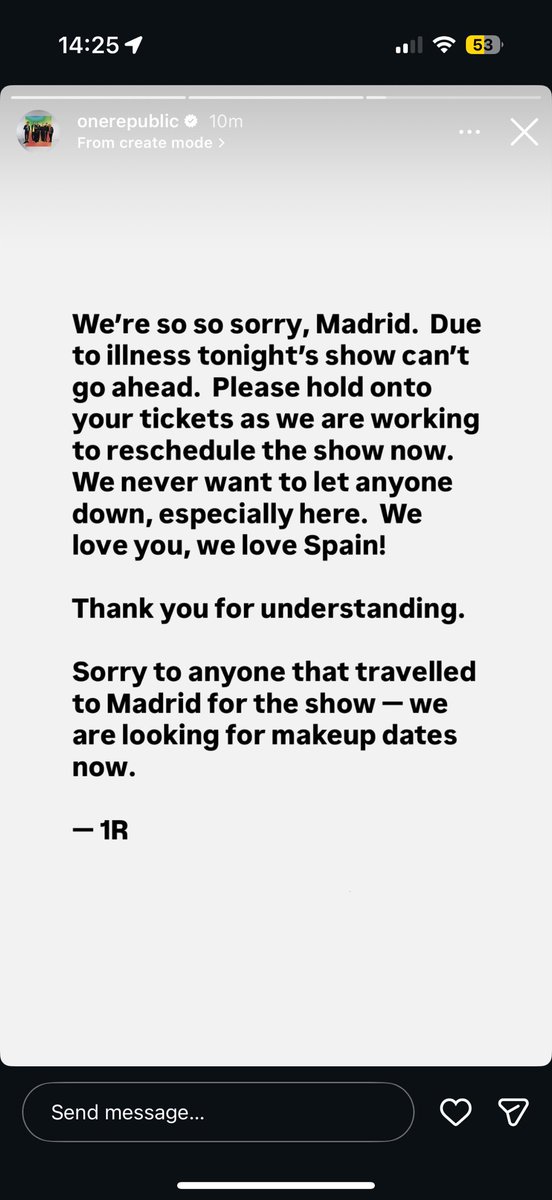 caarlados_'s tweet photo. me acaban de cancelar el puto concierto de one republic en madrid y he venido expresamente. es normal que avisen cuando quedan 6 horas para el concierto. flipando. estoy tiesa. https://t.co/c5tY8yqzKo