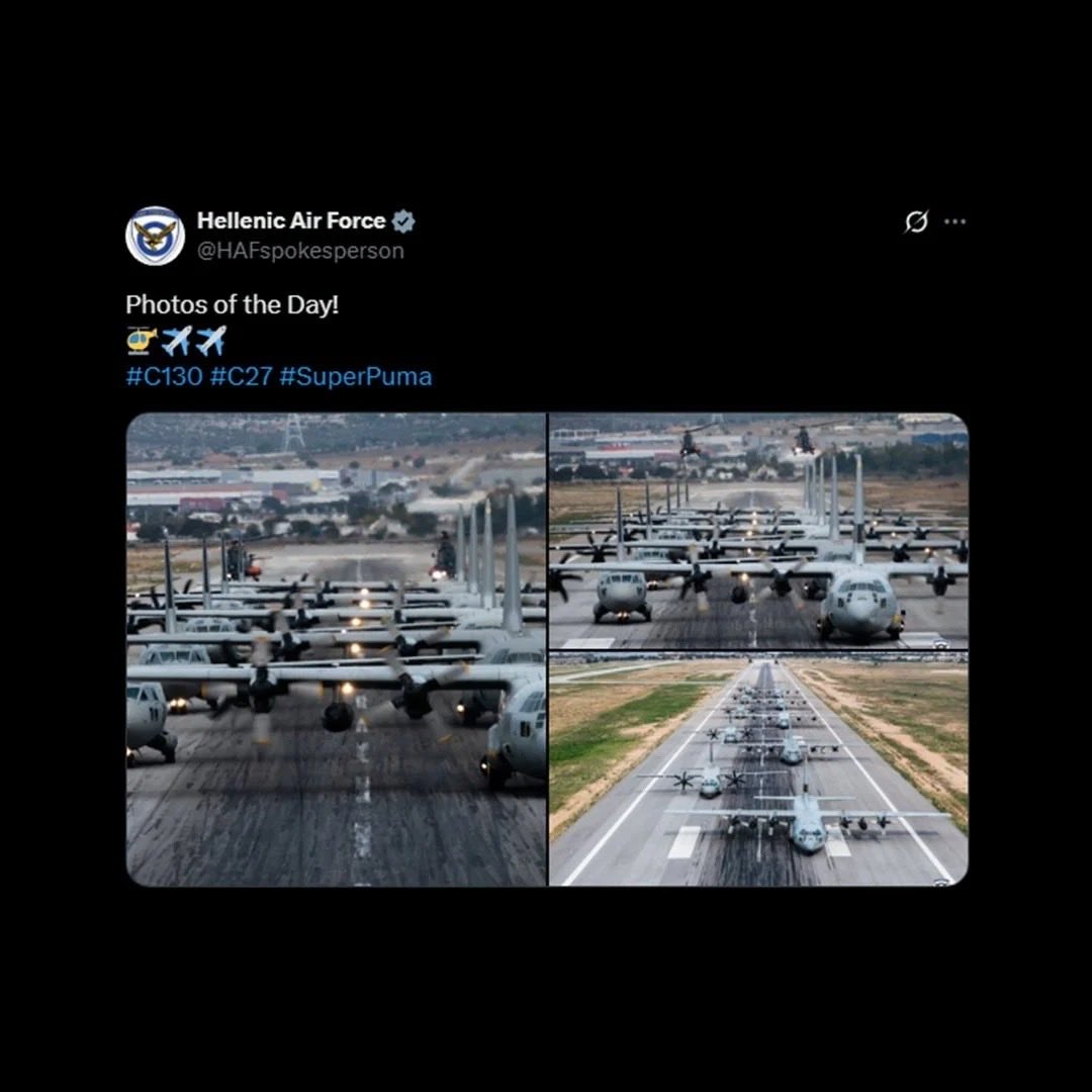 Yunan Hava Kuvvetleri'nin X hesabından yapılan paylaşımda "Günün fotoğrafı"ifadesiyle   Askerlerimizin şehit düştüğü C-130  uçaklarının fotoğrafları paylaşılarak şu acı günümüzde Türk Milletinin sinir uçlarıyla oynuyorlar. Gururu olan her Türk, Yunan adalarına tatile gitmez!