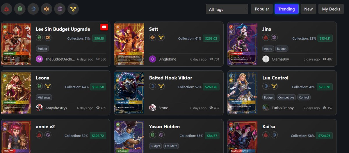 RiftMana's tweet photo. Improved our https://t.co/kvtffK5xxF page to display each deck’s total cost and how many cards you already own.

#riftbound https://t.co/XgYIWO61CS