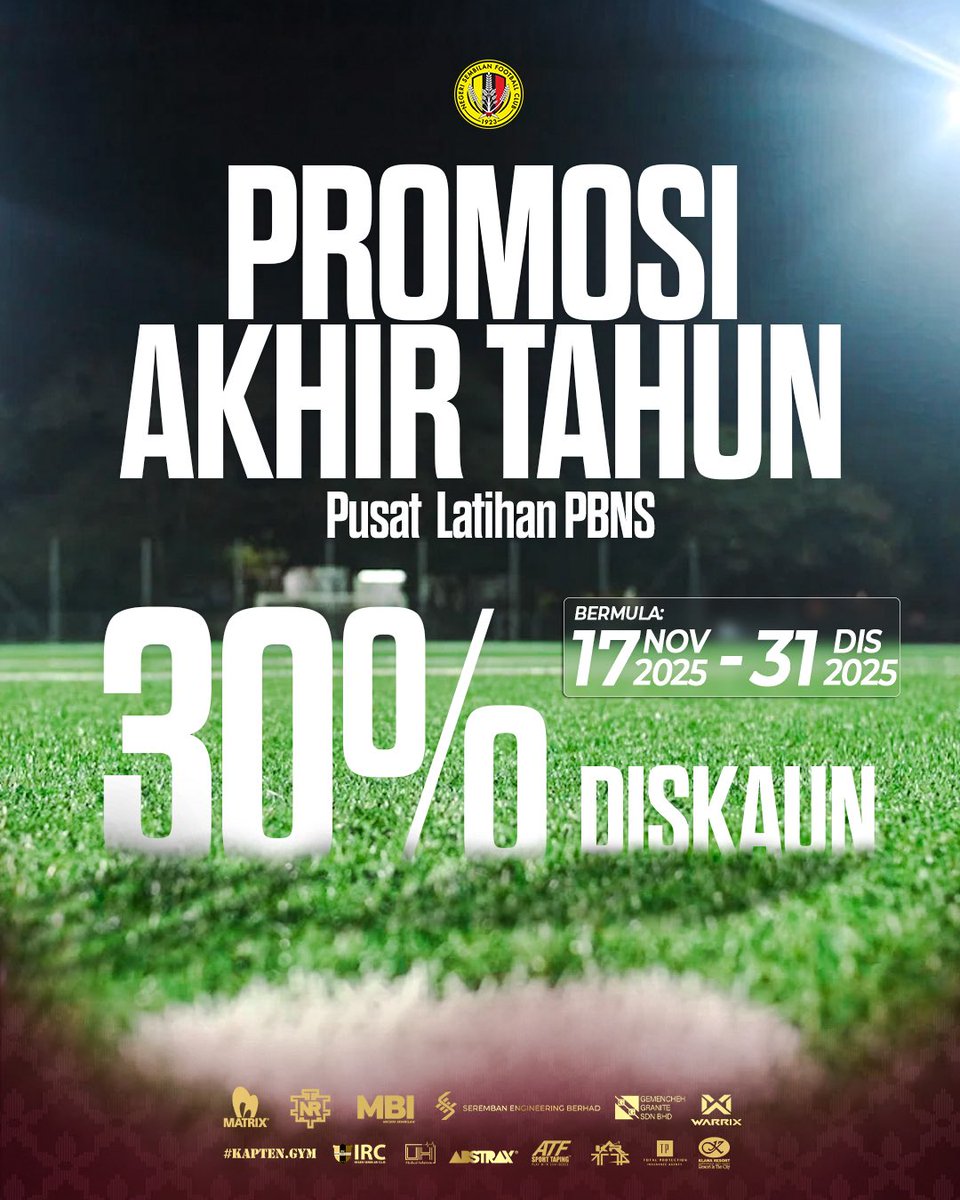 🎉 PROMOSI AKHIR TAHUN PUSAT LATIHAN PBNS

Pusat Latihan PBNS kini menawarkan Promosi Akhir Tahun bermula 17 November hingga 31 Disember, dengan diskaun 30% bagi setiap tempahan. 

Pra-tempah slot anda sekarang &amp; nikmati bola sepak bersama rakan di Rahang!

#NSFC #HobinJangHobin