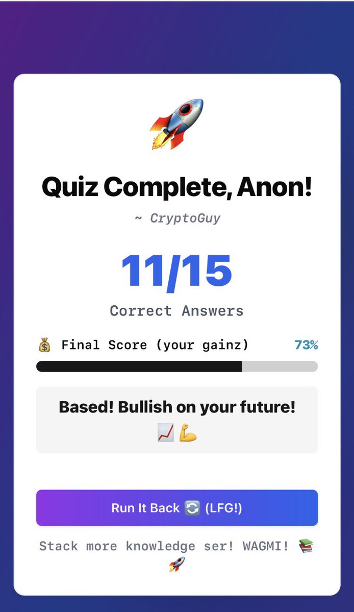 I built a mini crypto quiz on Base🟦 using <a href="/tryoharaAI/">Ohara</a> This is my score give it a shot and let me know how you did🫡! 

Ohara’s pretty awesome ngl , and 
I’m cooking up bangers soon.

Try here ⬇️

ohara.ai/mini-apps/8f4e…

<a href="/jessepollak/">jesse.base.eth</a> 
<a href="/basebro_/">bro.base.eth</a>