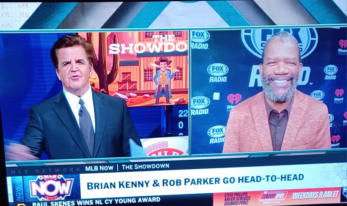 parkerandtheman's tweet photo. R Parker with Brian Kenny #MLBNow again MLB Network. "The Showdown." Rob and BK went toe-to-toe on AL MVP voting and the litany of managers hired this #MLB off-season including #SFGiants Tony Vitello from Univ. Tennessee. It was back and forth ACTI0N! But in a very friendly way https://t.co/w1oarS57tx