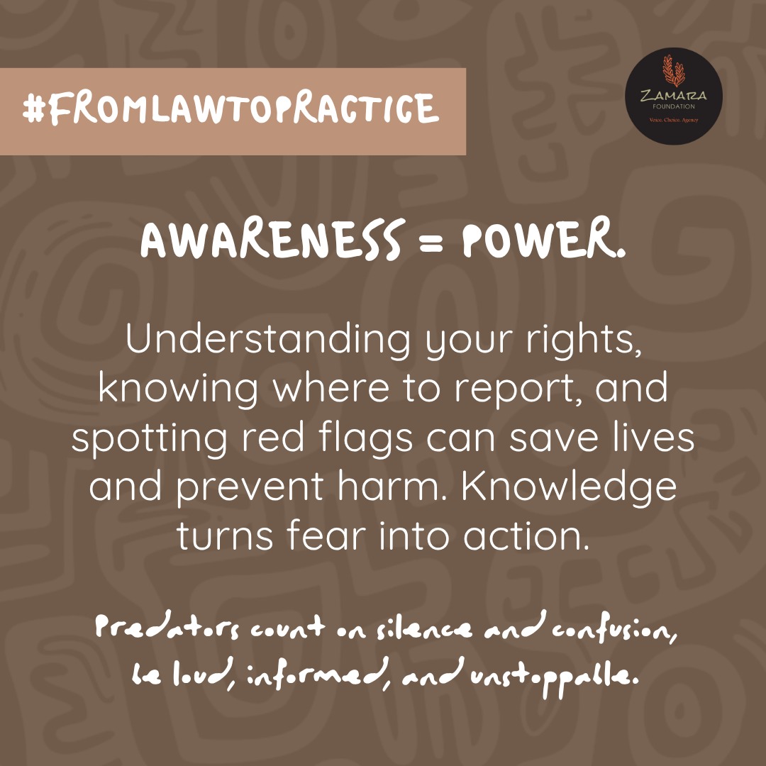 OchiengWendyAw1's tweet photo. Knowing your rights isn’t just smart,it can save a life. Spot the warning signs, know where to turn, and don’t stay quiet. That’s how we turn fear into action.Predators count on us staying confused and silent. Let’s prove them wrong.
#FromLawToPractice
#ZamaraVoices
@Zamara_fdn https://t.co/wTt2LSSbGH