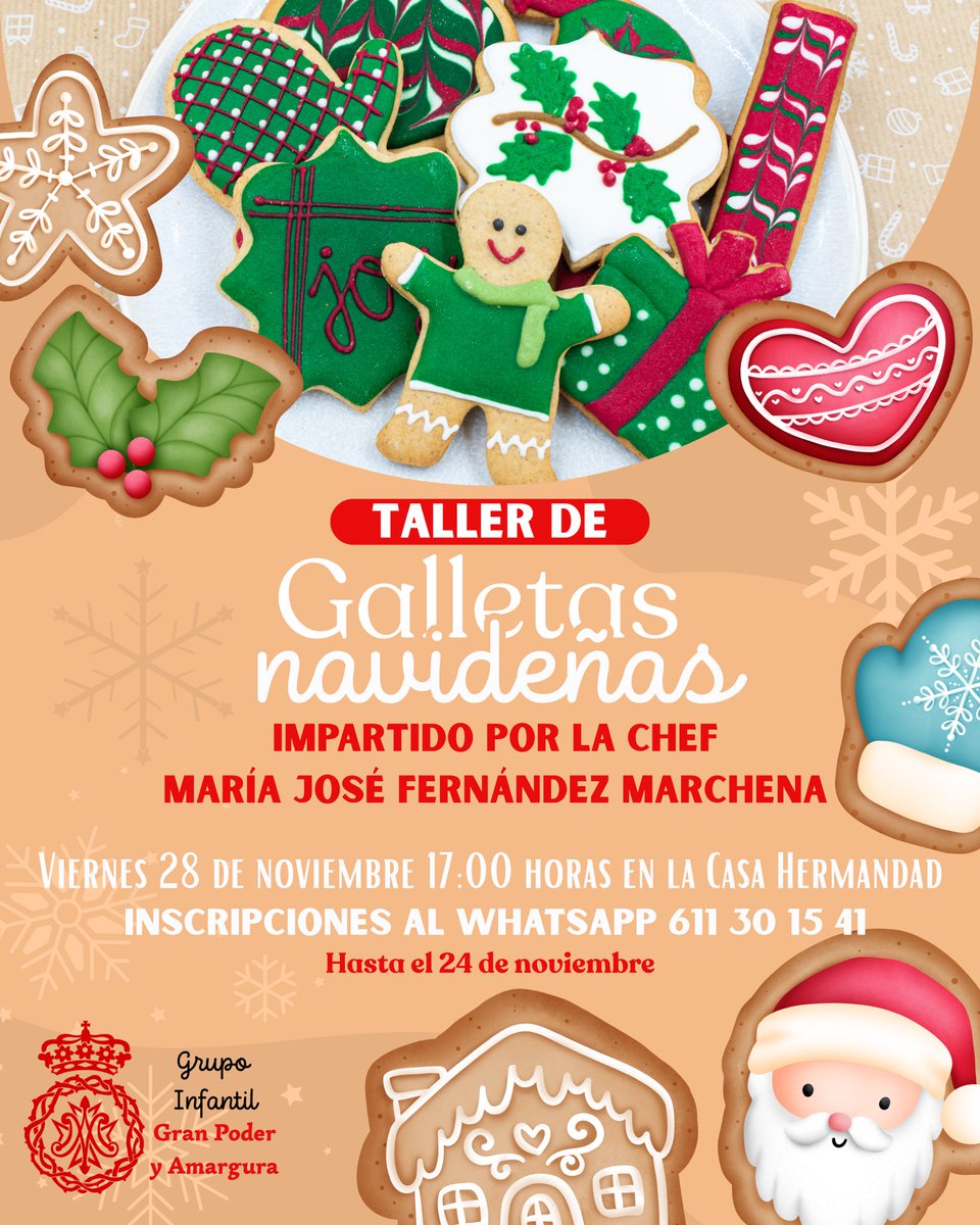 GrupoJGranPoder's tweet image. Llega el exitoso taller de galletas navideñas, que por cuarto año consecutivo hará que los niños de nuestra Hermandad se sientan verdaderos chefs.

Un taller impartido por la chef María José Fernández Marchena

INSCRIPCIONES AL WHATSAPP 611 30 15 41

💜¡Disfruta en el Gran Poder!