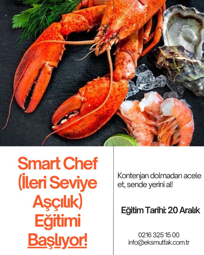SMART CHEF (İLERİ SEVİYE AŞÇILIK) EĞİTİMİ KAYIT FIRSATINI KAÇIRMA! KONTENJANLAR DOLMADAN ÖNCE İLETİŞİME GEÇ!

Smart Chef eğitimimiz 20 Aralık’ta başlıyor. 2 ay sürecek profesyonel bir eğitim almaya ne dersin?

Kayıt ve detaylı bilgi için 0216 325 15 00 numaralı hattan bize