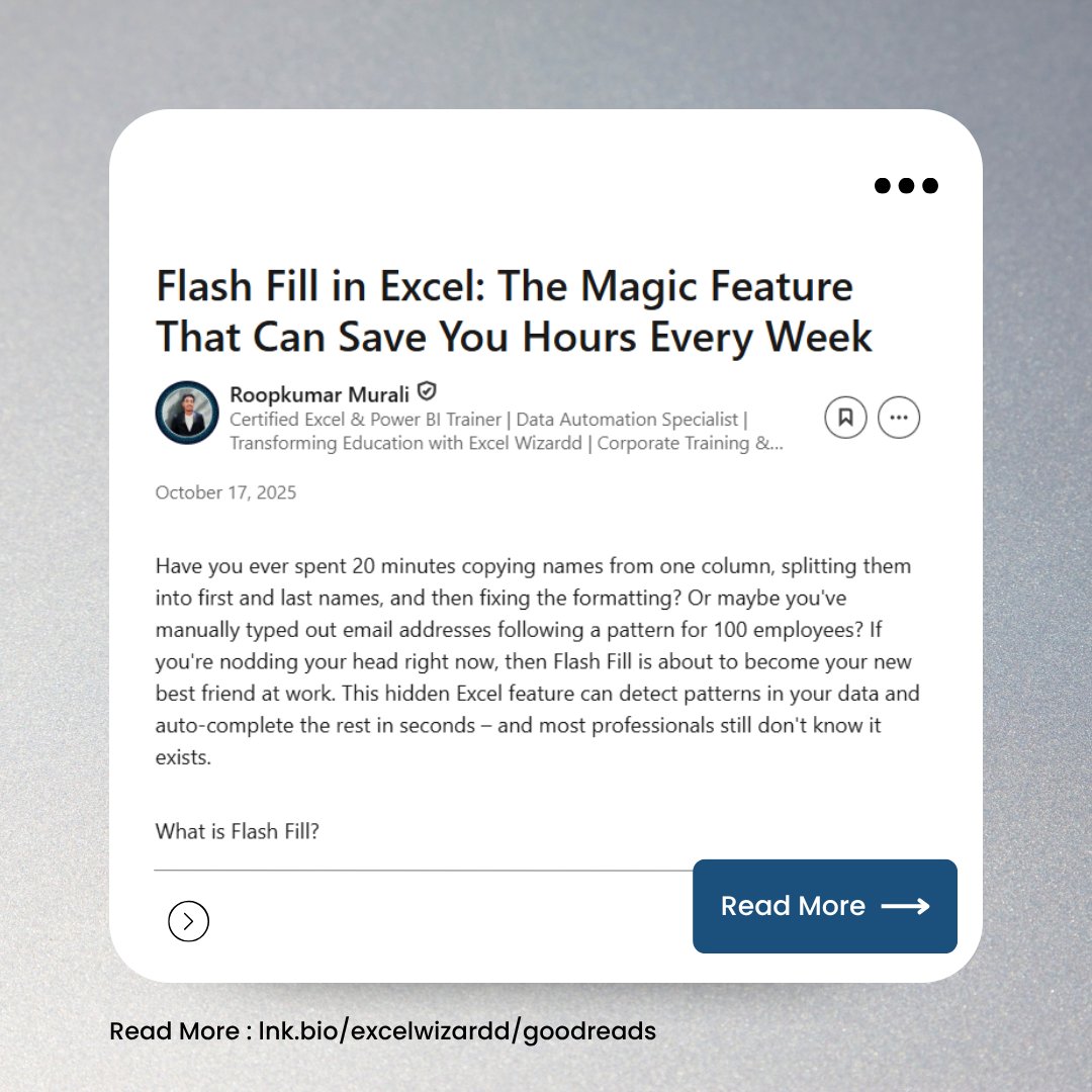 excelwizardd's tweet image. 💡 Every day, we share something new from the world of Excel — be it a tip, idea, or insight that makes you smarter at work.

🔗 lnk.bio/excelwizardd/g…

#ExcelTips #MicrosoftExcel #DataAnalytics #OfficeProductivity #ExcelWizardd