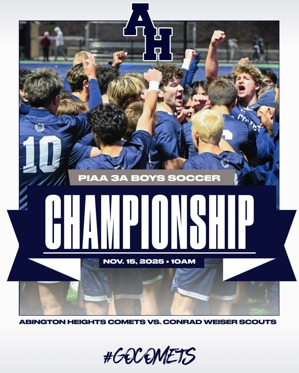 ⚽ STATE FINAL—Bracket updated! AH vs Conrad Weiser, Sat 11/15, 10AM @ Bobcat Stadium (Northeastern HS).
🎟 piaa.org/sports/tickets…
📣 Send-off TODAY 12PM—arrive 11:30AM along Beynon Dr/Welsh Hill Rd.
Let’s go, #CometNation! 💙🤍 #GoComets