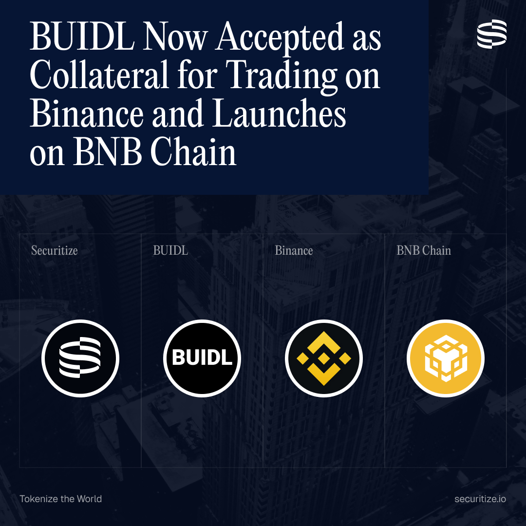 The world’s largest tokenized treasury, BUIDL, is coming to <a href="/binance/">Binance</a>, the world’s largest crypto exchange.

BUIDL is now accepted as off-exchange collateral for trading on Binance and will be launching a new share class on <a href="/BNBCHAIN/">BNB Chain</a>.