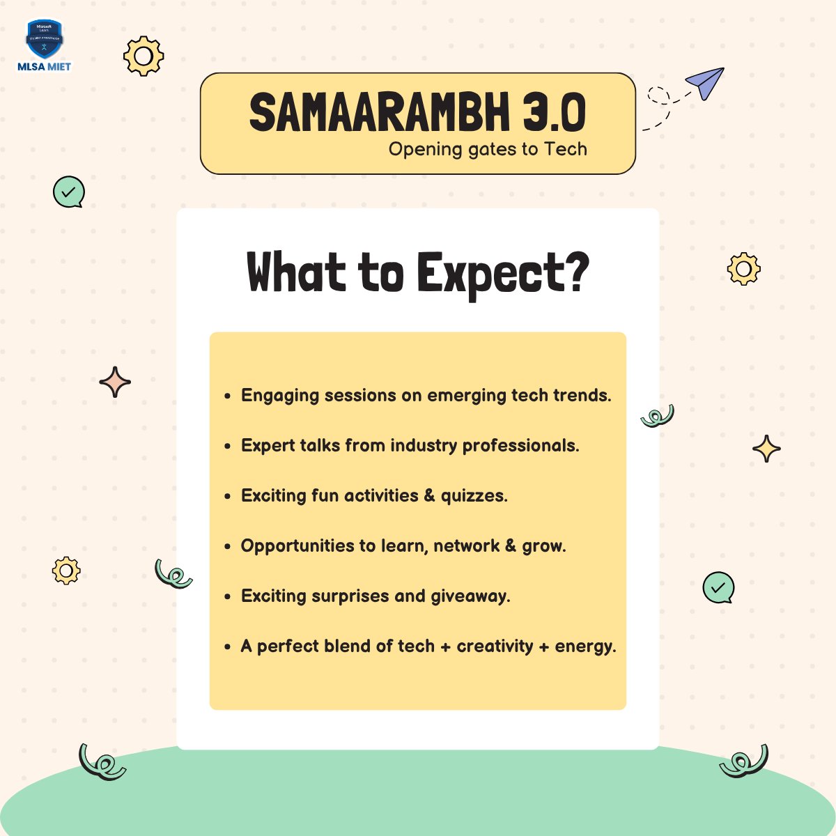 MlsaMiet's tweet image. What to expect from Samaarambh3.O? 👀
 💡 Power-packed sessions
 🎶 Great vibes
 🤝 Networking &amp;amp; learning
 🚀 The ultimate MLSA experience!
commudle.com/fill-form/4161
#MLSAMiet #Samaarambh3 #Innovation #TechCommunity