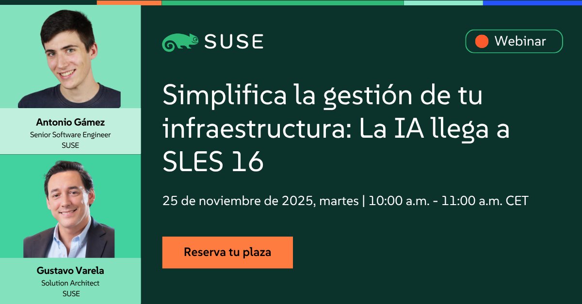 geek_linux_Tony's tweet image. 🚀 Webinar + DEMO EN VIVO 🚀
¡La IA llega a SLES 16! Descubre cómo la nueva consola Trento 3.0 🤖 usa la IA para simplificar tu infraestructura (especialmente en entornos SAP).
Automatiza el análisis de problemas y reduce la complejidad.
🔗okt.to/cyQUtr