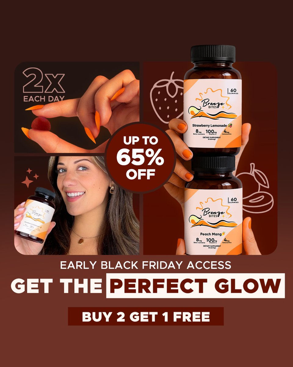 bronzebites's tweet photo. Early Black Friday came early… and your glow is about to thank you. ✨

Get up to 65% OFF + Buy 2 Get 1 FREE on the world’s first tanning gummies.

A healthier, more natural glow — without baking in the sun or layering on fake tan.

Glow smarter. Glow easier. Glow every day.
🧡 Shop the sale before it sells out!
