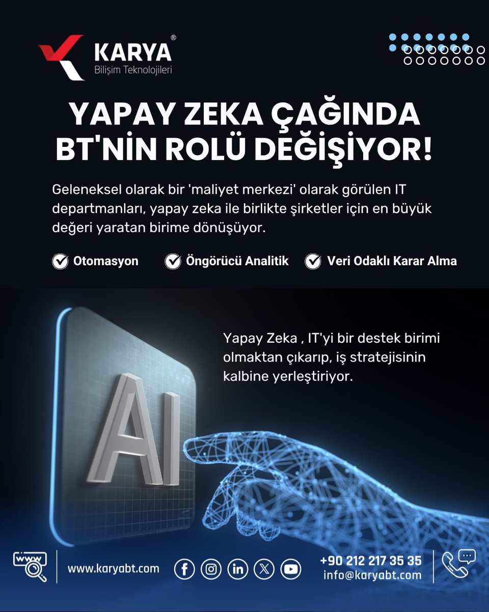 BT artık bir maliyet merkezi değil; otomasyon, öngörücü analitik ve veri odaklı kararlarla şirketlere değer kazandıran stratejik bir güç.

📩 info@karyabt.com
📞 0 212 217 35 35
karyabt.com

#KaryaBT #YapayZeka #AI #Teknoloji #DijitalDönüşüm #KaryaTeknoloji
