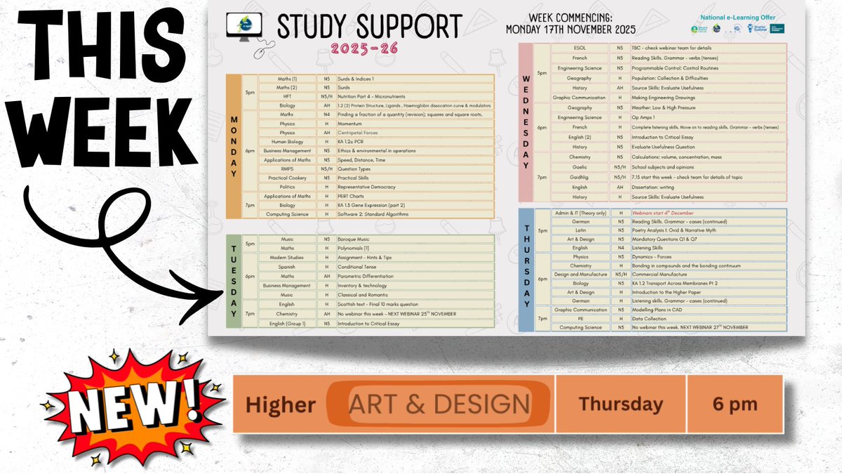 eSgoil's tweet image. Our Higher Art &amp;amp; Design webinars, as part of our Study Support programme, start this coming Thursday at 6pm.
Want to find out more and register?
Click here:
e-sgoil.com/senior-phase/s…

#NeLO #StudySupport #SeniorPhase