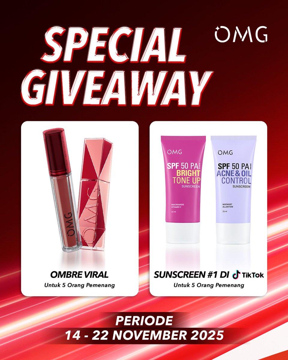 ohmy_beautybank's tweet photo. 💄SPECIAL GIVEAWAY OMG Creator Fest 🎉
Dalam semangat OMG Creator Fest momen di mana para creators, beauty lovers, & komunitas OMG berkumpul untuk celebrate creativity & self-expression, OMG mau bagi-bagi hadiah spesial buat kamu! 💗🔥

Periode: 14–22 November

Hadiah yang bisa kamu menangkan:
💋 5 Bundle Viral Ombre
(OMG Mattelast Lip Cream + Colorlast Lip Vinyl)
🌞 5 Bundle Top Trending Sunscreen
(Bright Tone Up + Acne & Oil Control)

TNC:
1️⃣ Follow @itsomgbeauty & @ohmy_beautybank
2️⃣ Like & Repost tweet ini
3️⃣ Reply alasan kamu dengan format:
“Aku harus dapet bundle OMG Creator Fest karena..”

Let’s celebrate Creator Fest bareng OMG! Siapa tau kamu yang bawa pulang bundle-nya ✨💗