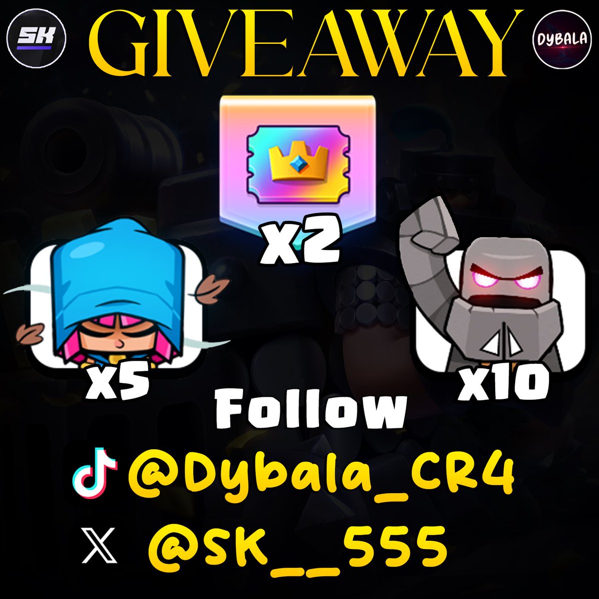 🚨10x golem boat emote 
🚨2x PASS ROYALE
🚨5x archer hood emote
Follow my TikTok: tiktok.com/@dybala_cr4?_r…
Follow <a href="/sk__555/">Code: sk555</a> 
Like ❤️ + ♻️ 
#GiftedBySupercell
Ends in 72 hours