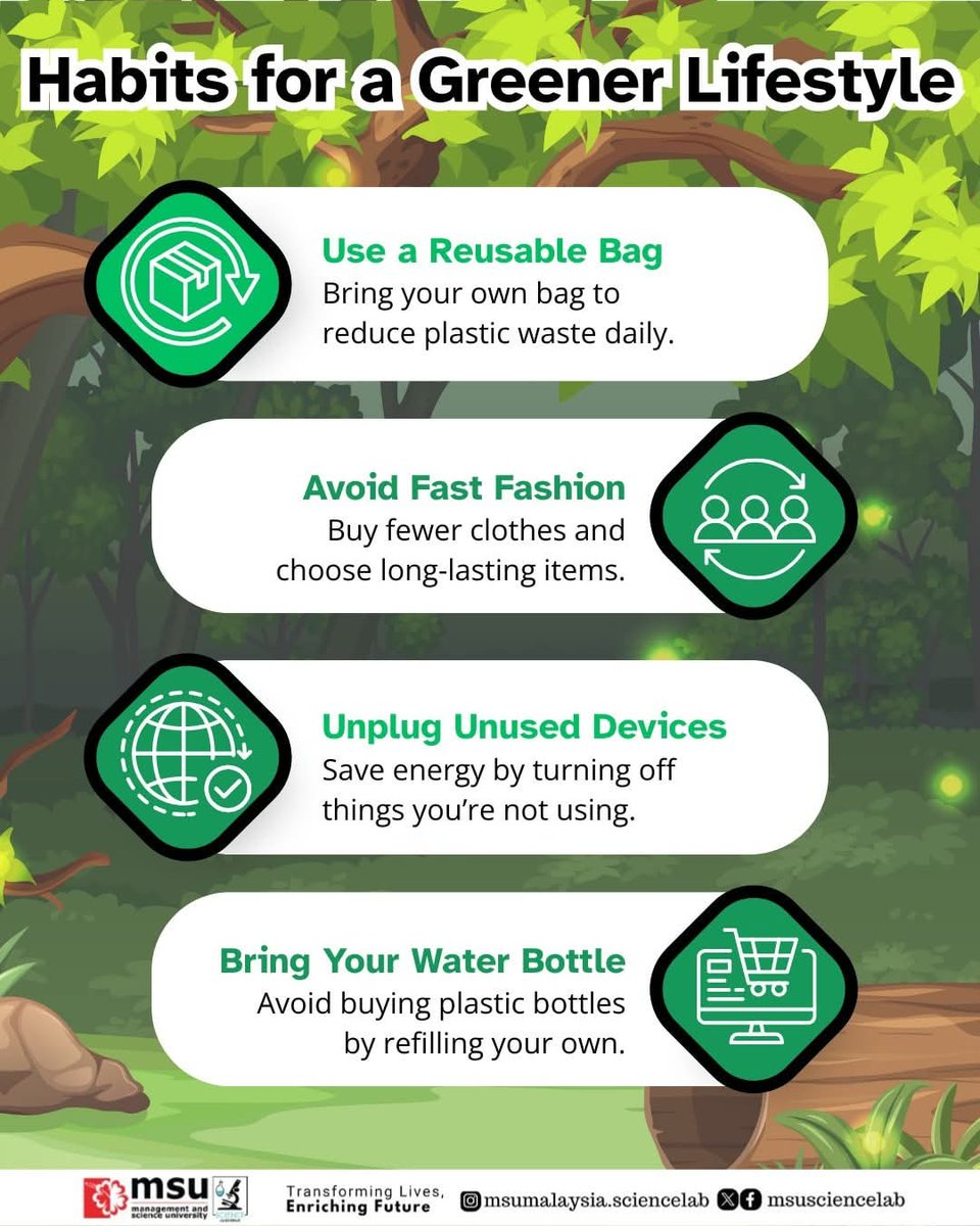 MSUsciencelab's tweet image. ☘️Habits for a Greener Lifestyle☘️

Every small step counts 💚

Use reusable bags, refill bottles, and save energy by turning off lights.

Simple daily habits can make a big difference for our planet 🌍

#Msurian #MSUScienceLab #GoGreen #SustainableLiving #GreenLifestyle