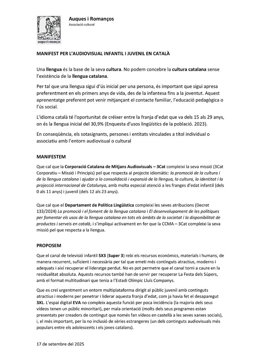 🔴🔴 Sèries d’anime estrenades a Televisió de Catalunya en els últims 4 anys:

Super3:
- 2022: 4
- 2023: 5
- 2024: 3
- 2025: 1

EVA:
- 2023: 0
- 2024: 0
- 2025: 0

Si ho voleu canviar, adheriu-vos al manifest de sota enviant el nom sencer en un missatge privat a <a href="/auquesiromancos/">Auques i Romanços</a>.