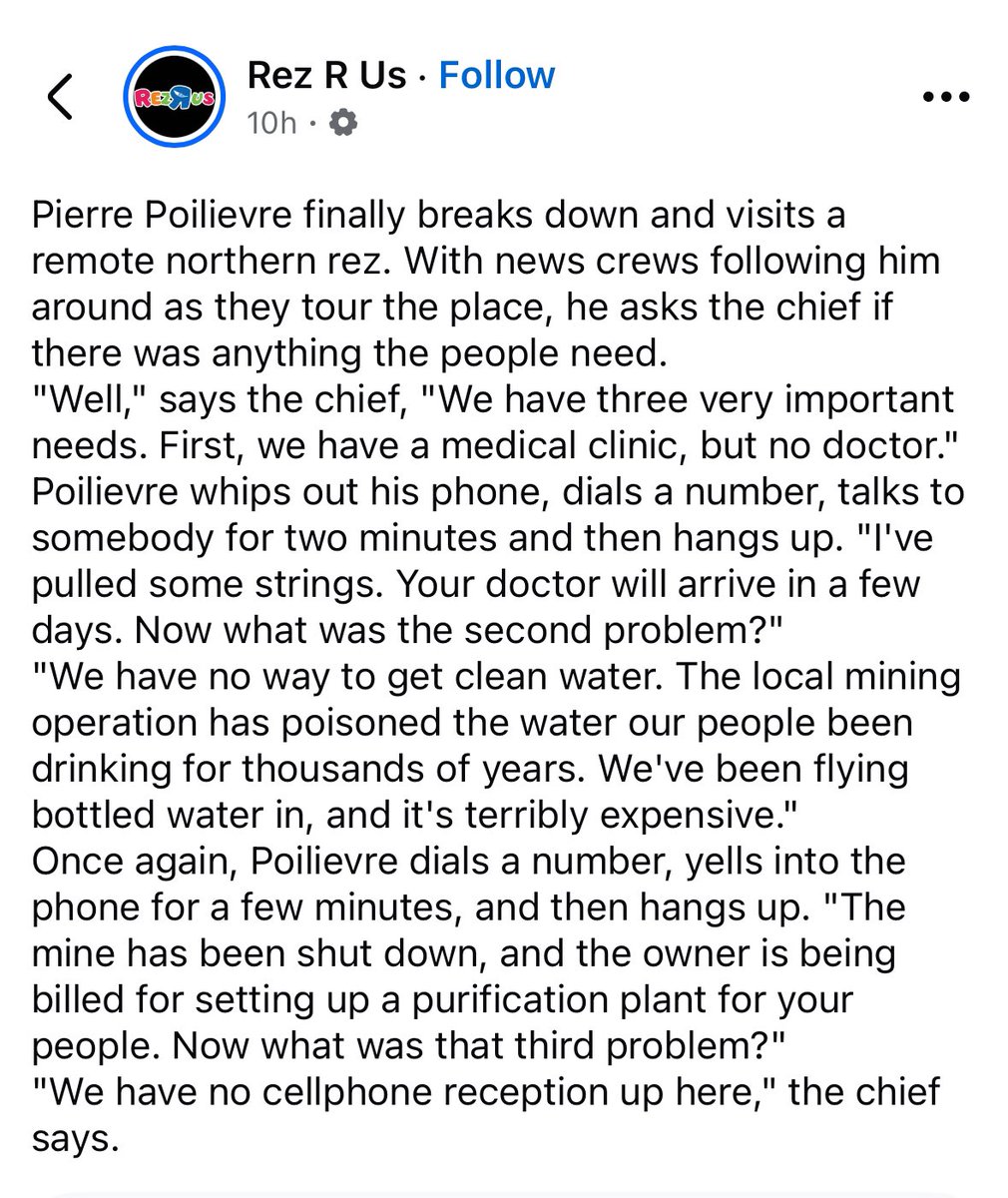 CPCStaffer's tweet image. Rez R Us absolutely ROASTS @PierrePoilievre on their Facebook page with the joke of the year.