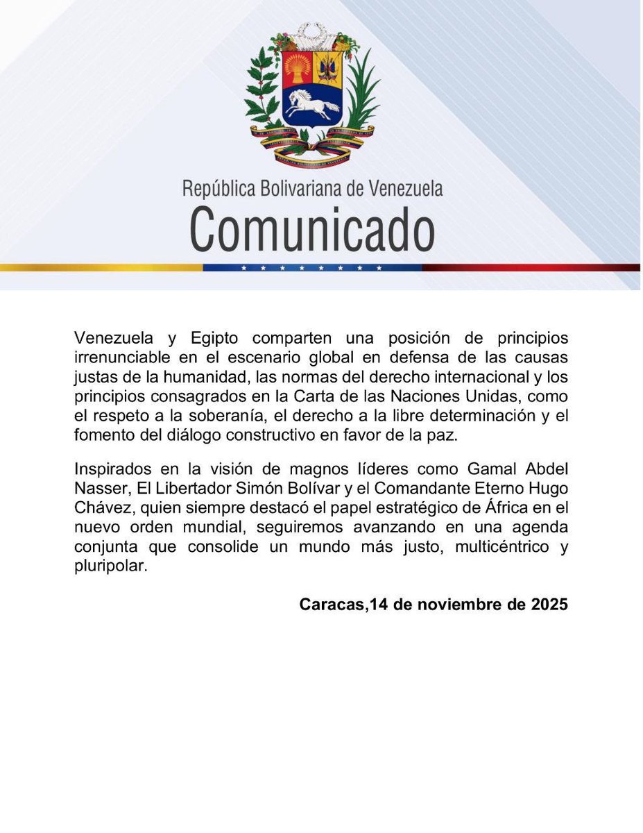 🇻🇪 ⚔️ 🇪🇬 

فنزويلا تحتفل بالذكرى الخامسة والسبعين لإقامة العلاقات الدبلوماسية مع جمهورية مصر العربية؛ وهو تاريخ يؤكد أصالة روابط الأخوة والتعاون بين الشعوب.
