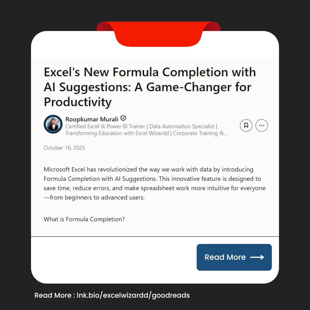 excelwizardd's tweet image. 💡 Every day, we share something new from the world of Excel — be it a tip, idea, or insight that makes you smarter at work.
 👇

🔗 lnk.bio/excelwizardd/g…

#ExcelTips #MicrosoftExcel #DataAnalytics #OfficeProductivity #ExcelWizardd