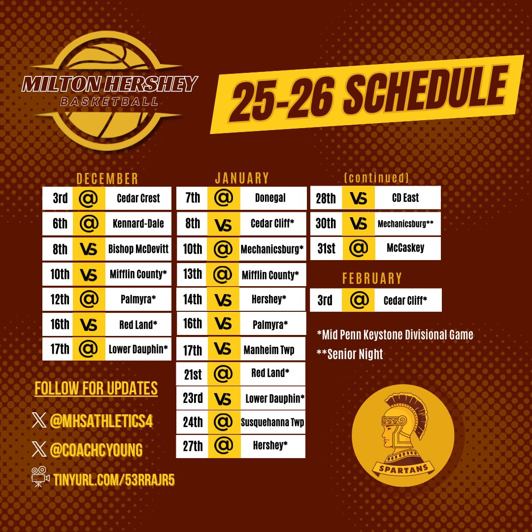 Happy 1st day of winter sports practice! Your 2025-2026 Milton Hershey Boys Basketball schedule. GO SPARTANS!
—
<a href="/MHSATHLETICS4/">MHS Spartan Athletics</a> <a href="/miltonhershey/">Milton Hershey School</a> <a href="/paD3hoops/">PA D3 Hoops</a> <a href="/KeystoneBBall/">David Bray Jr</a>