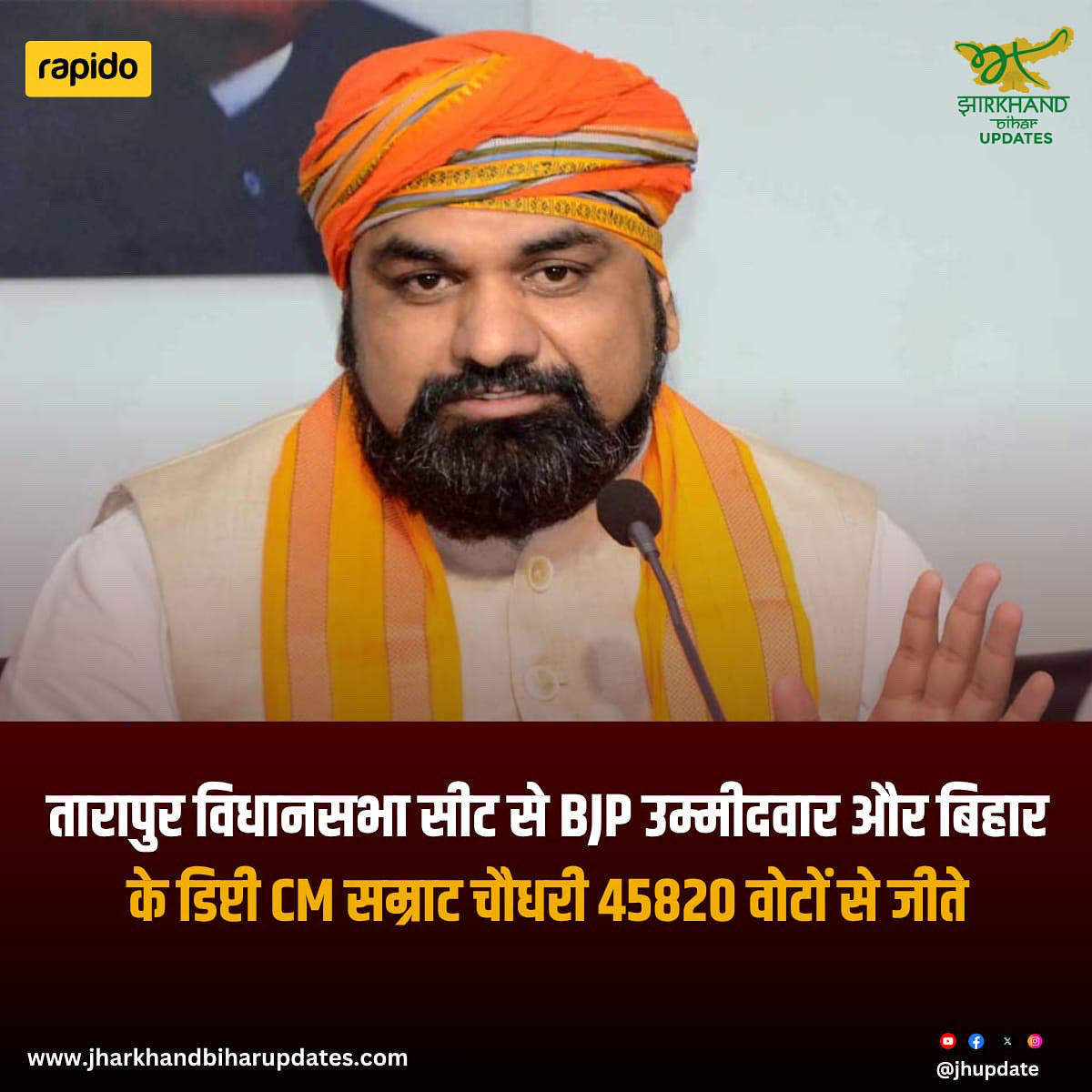 तारापुर से बड़ी जीत! बिहार के डिप्टी सीएम सम्राट चौधरी ने 45,820 वोटों के भारी अंतर से चुनाव अपने नाम कर लिया। बीजेपी खेमे में जश्न का माहौल, लगातार बढ़त ने जीत पक्की कर दी।

#BiharElection2025 #SamratChaudhary #Taarapur #BJP #ElectionResult #JharkhandBiharUpdates