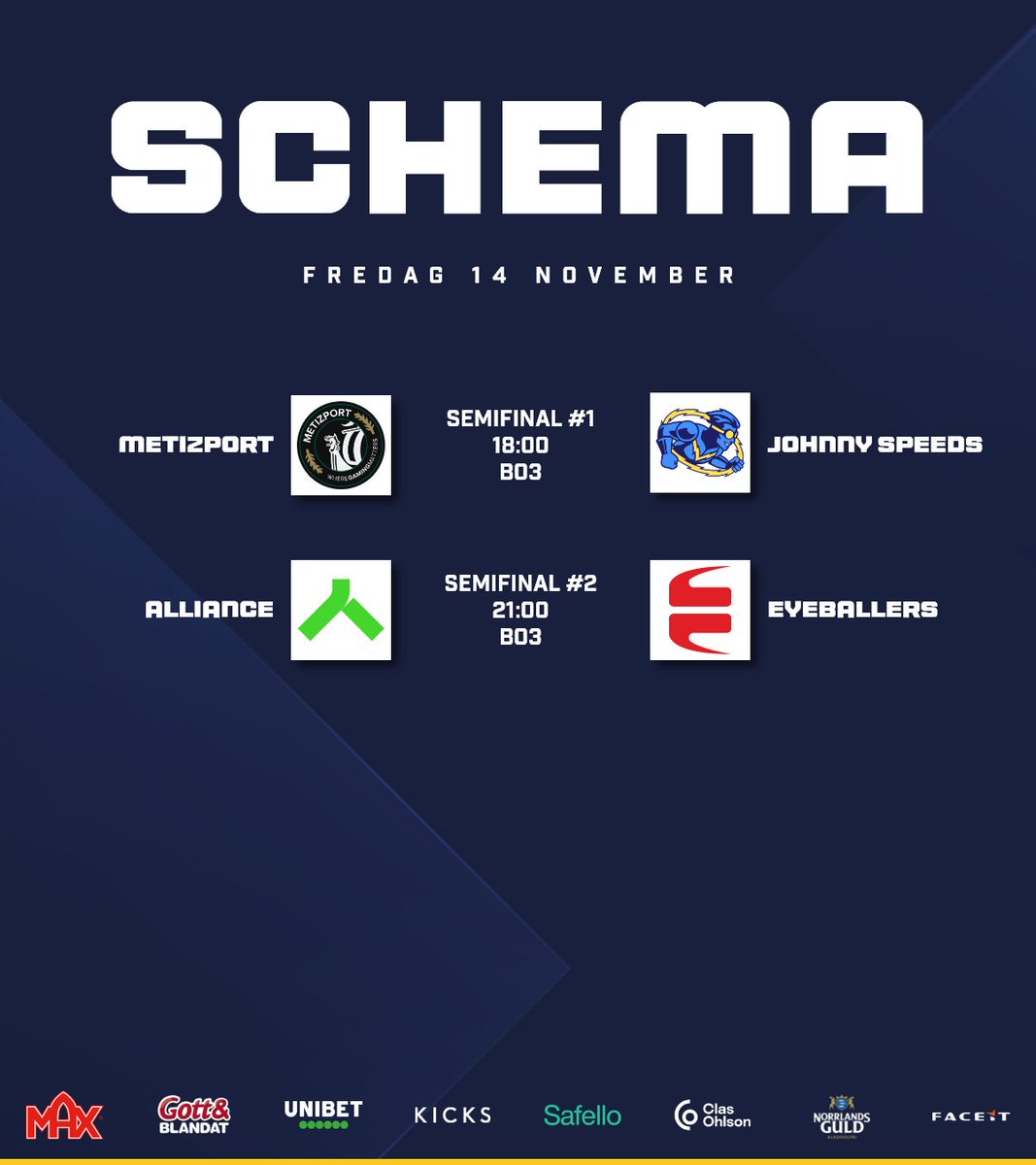 SvenskaCupenGG's tweet image. SLUTSPELET ÄR HÄR! ⭐️

Vi börjar klockan 18:00 med första semifinalen mellan @Metizport och @JohnnySpeedsCS. Därefter blir det möte mellan @theAllianceGG och @EYEBALLERS kl. 21:00!

NU KÖR VI!