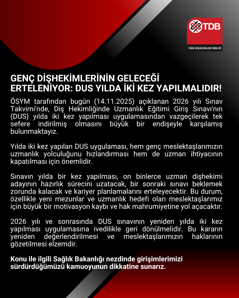 GENÇ DİŞHEKİMLERİNİN GELECEĞİ ERTELENİYOR: DUS YILDA İKİ KEZ YAPILMALIDIR!

#turkdishekimleribirligi #diş #sağlık #dişhekimi #tdbhaber #tdbd #dişhekimliği #gencdishekimleri #tdböğrencikolu #dus #dus2026 #dişhekimliğindeuzmanlık #dus2026 #dişhekimliğindeuzmanlıksınavı